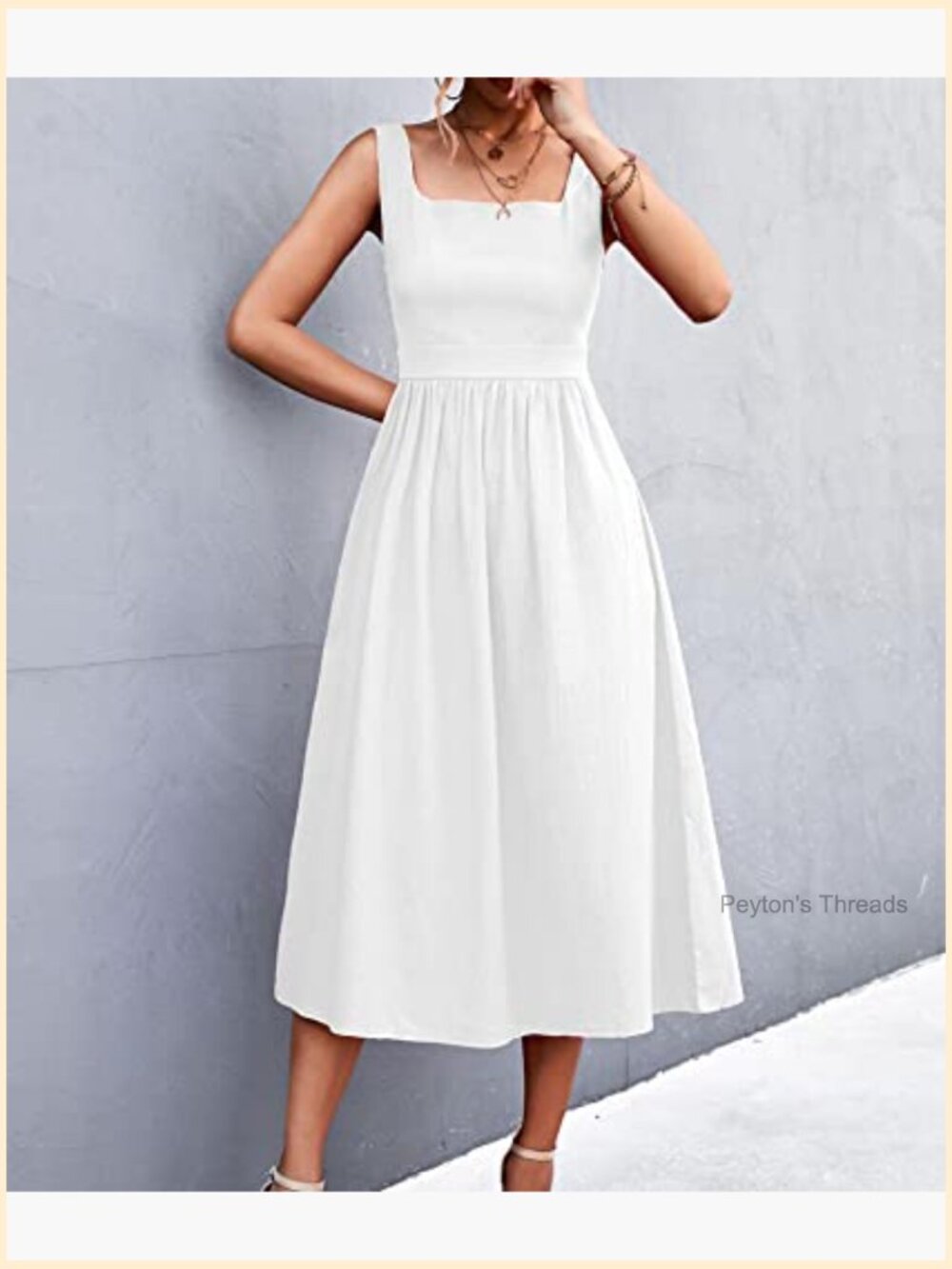 Women's Square Collar Casual Dress Sleeveless Pleated A-Line Backless Midi - Picture 4 of 6